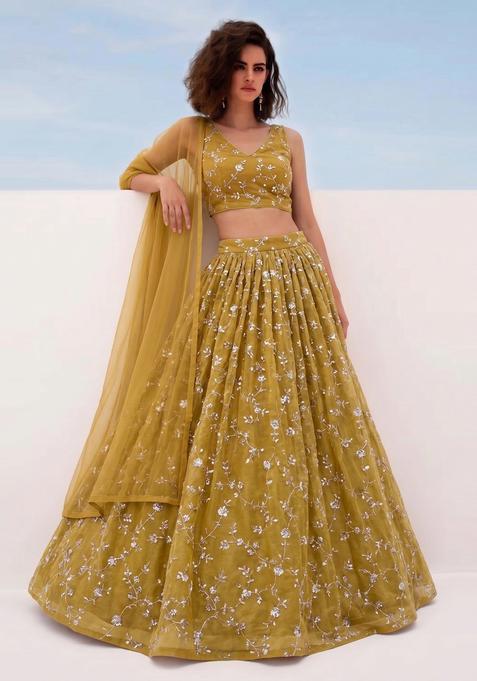 Mustard Embroidered Organza Lehenga Set