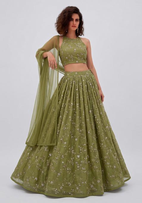 Olive Green Embroidered Organza Lehenga Set
