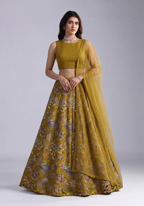Olive Green Embroidered Crepe Lehenga Set