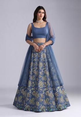 Dusty Blue Embroidered Crepe Lehenga Set