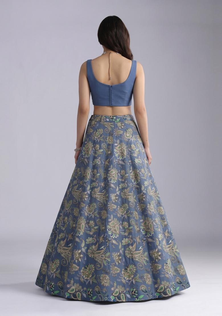 Dusty Blue Embroidered Crepe Lehenga Set - Indya