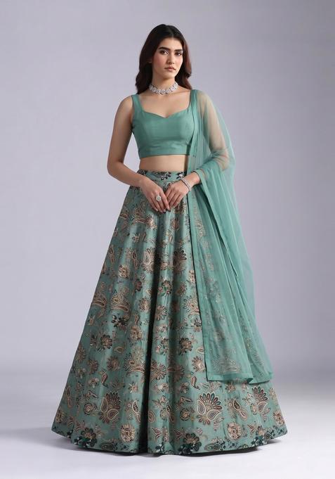 Mint Green Embroidered Crepe Lehenga Set