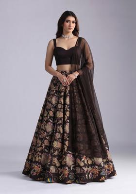 Dark Brown Embroidered Crepe Lehenga Set
