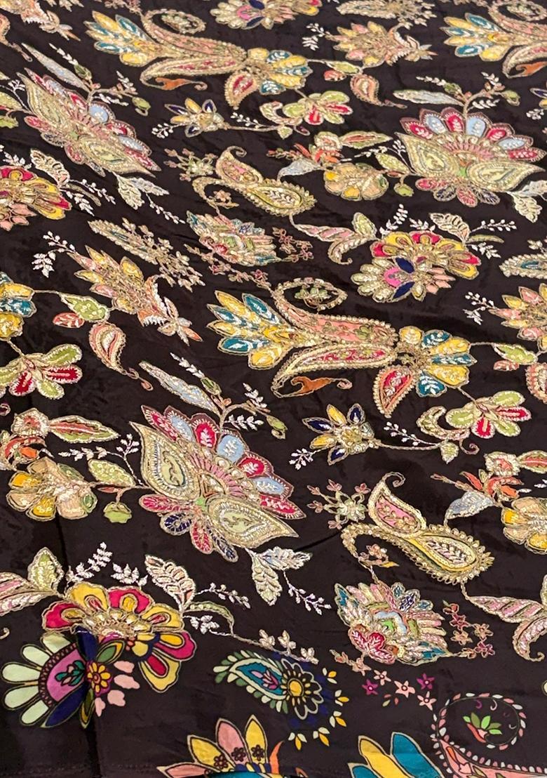 Dark Brown Embroidered Crepe Lehenga Set - Indya