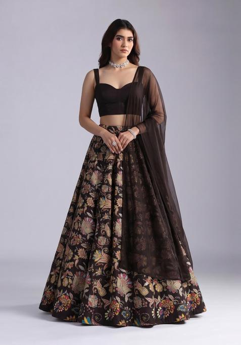 Dark Brown Embroidered Crepe Lehenga Set