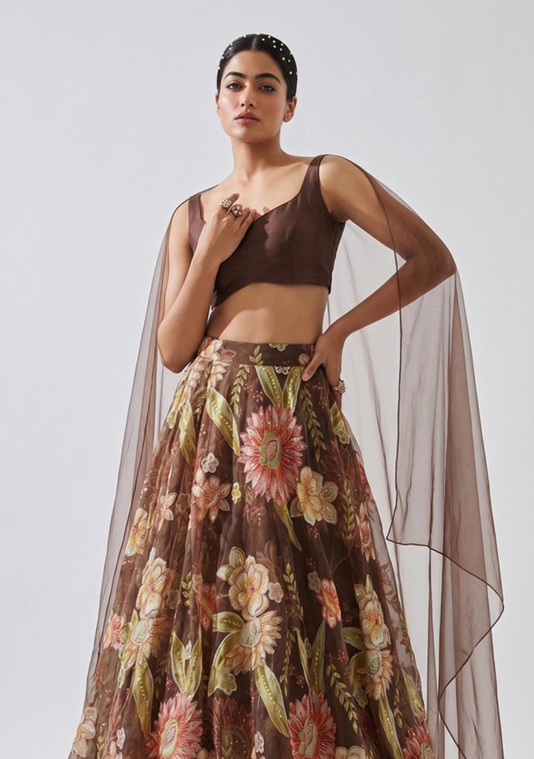 Brown Embroidered Organza Lehenga Set - Indya