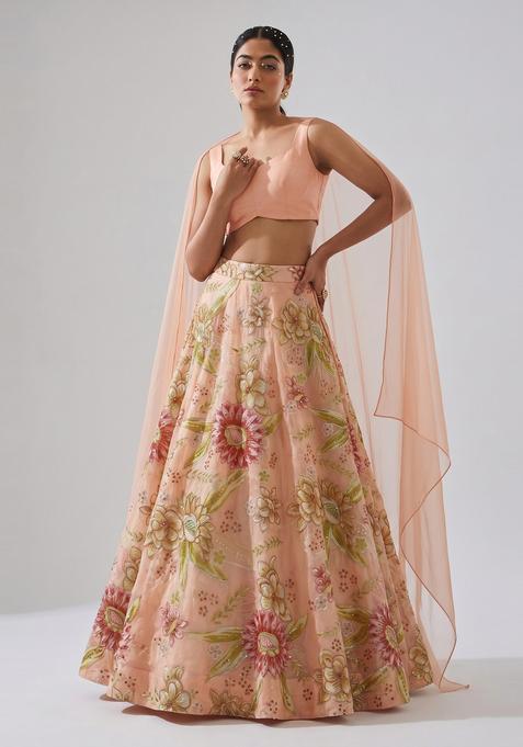 Soft Peach Embroidered Organza Lehenga Set