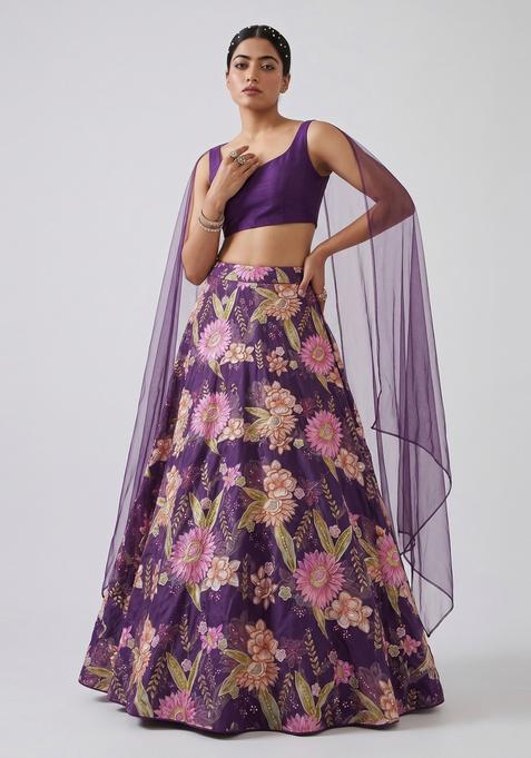 Dark Purple Embroidered Organza Lehenga Set