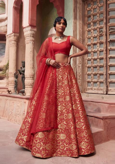 Deep Red Brocade Lehenga Set