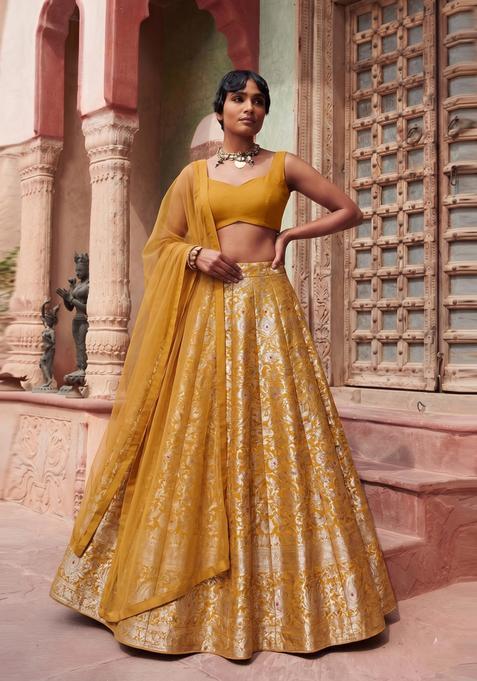 Mustard Brocade Lehenga Set