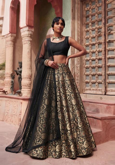 Black Brocade Lehenga Set