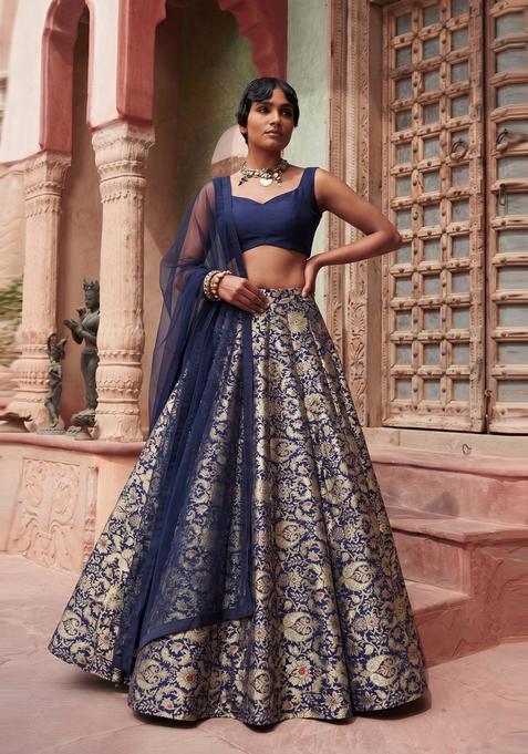 Navy Blue Brocade Lehenga Set