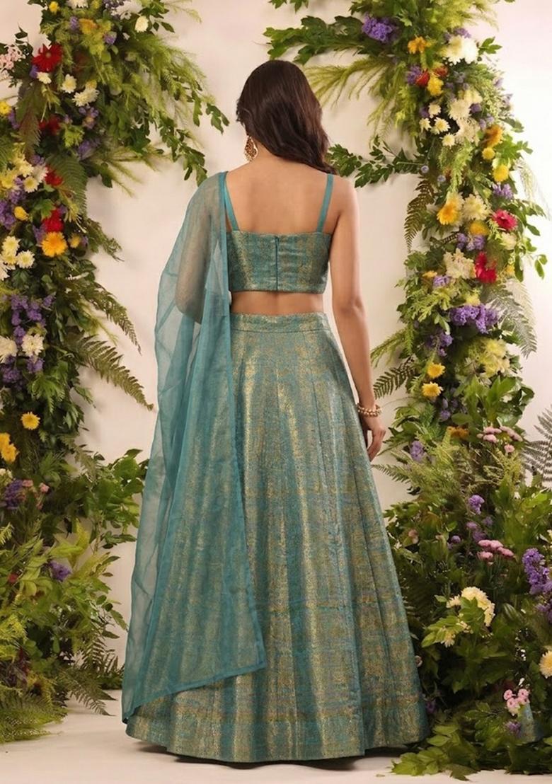 Teal Blue Brocade Lehenga Set - Indya