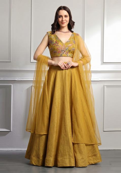 Mustard Printed Organza Lehenga Set