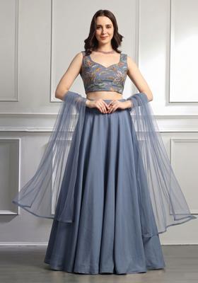 Slate Grey Printed Organza Lehenga Set
