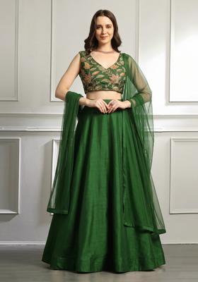 Emerald Green Printed Organza Lehenga Set