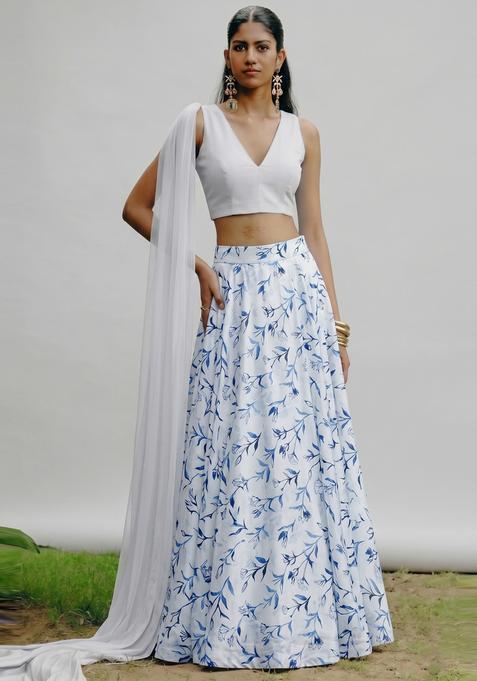 Ivory Printed Crepe Lehenga Set