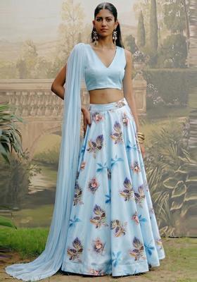 Powder Blue Printed Crepe Lehenga Set