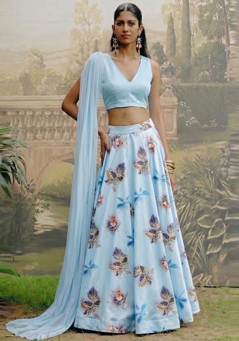 Powder Blue Printed Crepe Lehenga Set