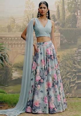 Dusty Blue Printed Satin Lehenga Set