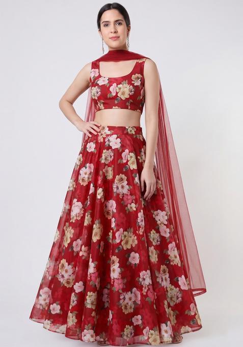 Deep Red Printed Crepe Lehenga Set