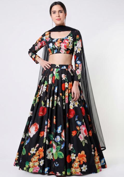 Black Printed Crepe Lehenga Set