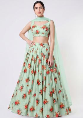 Mint Green Printed Crepe Lehenga Set