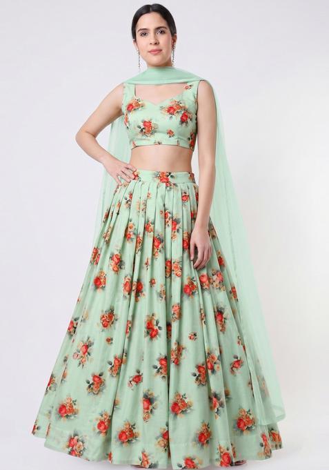 Mint Green Printed Crepe Lehenga Set