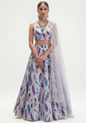 Light Grey Printed Crepe Lehenga Set