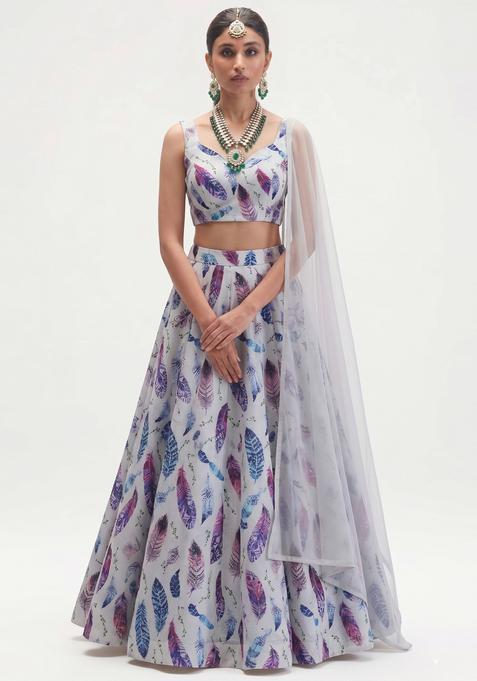 Light Grey Printed Crepe Lehenga Set