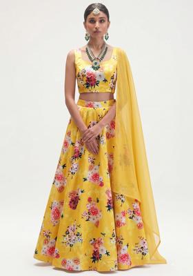 Bright Yellow Printed Crepe Lehenga Set