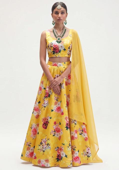 Bright Yellow Printed Crepe Lehenga Set