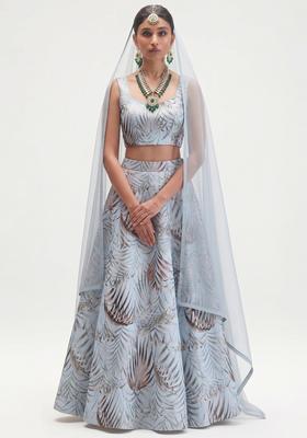 Powder Blue Printed Crepe Lehenga Set