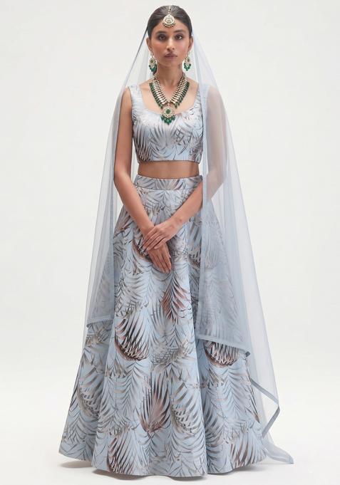 Powder Blue Printed Crepe Lehenga Set