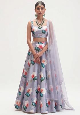 Lavender Printed Crepe Lehenga Set