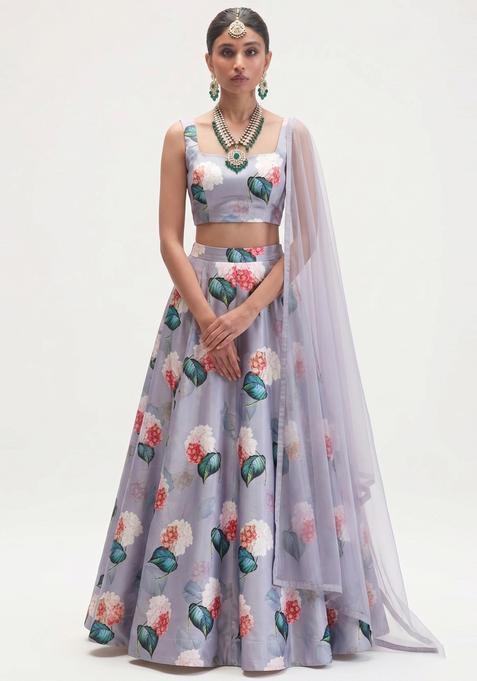 Lavender Printed Crepe Lehenga Set