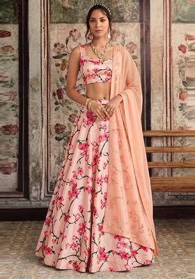 Peach Printed Crepe Lehenga Set