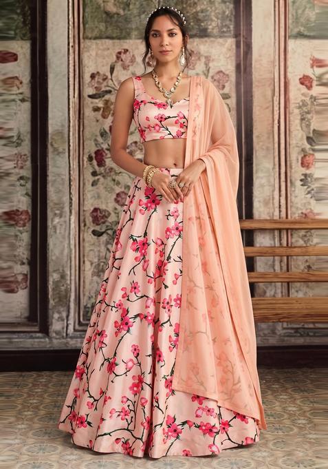 Peach Printed Crepe Lehenga Set