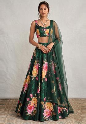 Dark Green Printed Crepe Lehenga Set