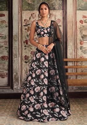 Black Printed Crepe Lehenga Set