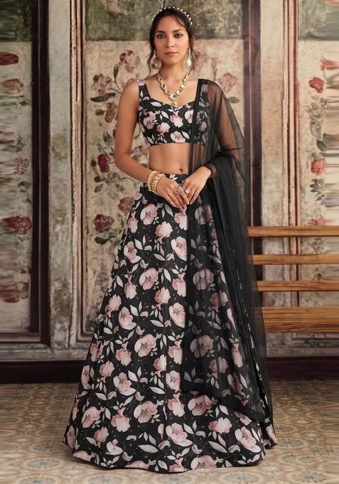 Black Printed Crepe Lehenga Set