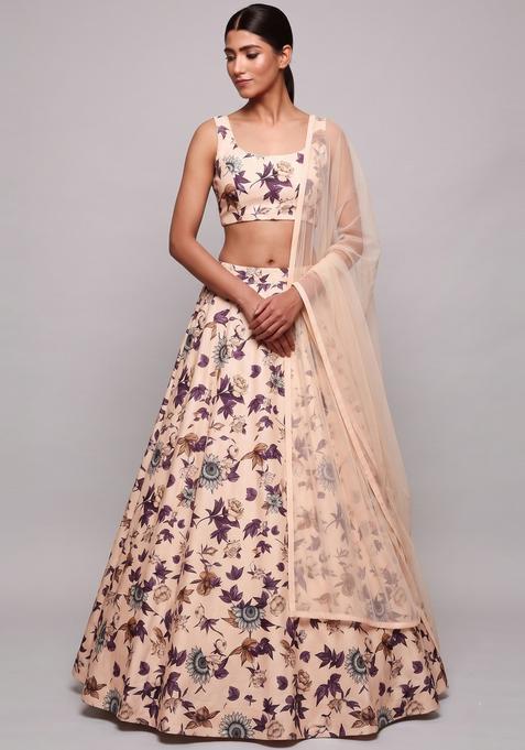 Beige Printed Crepe Lehenga Set