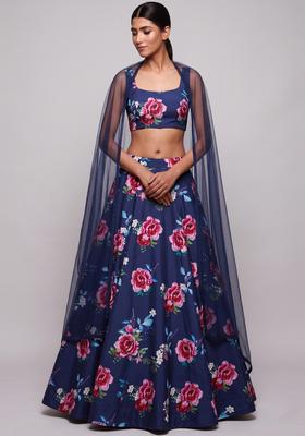 Navy Blue Printed Crepe Lehenga Set