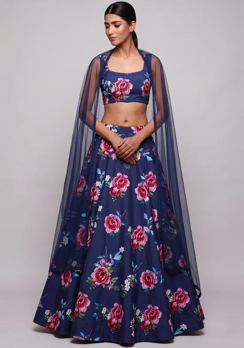 Navy Blue Printed Crepe Lehenga Set