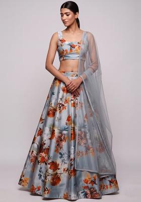 Steel Grey Printed Crepe Lehenga Set