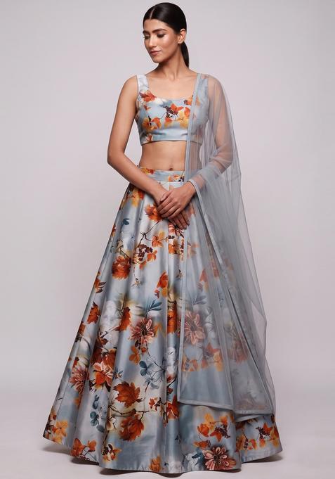 Steel Grey Printed Crepe Lehenga Set