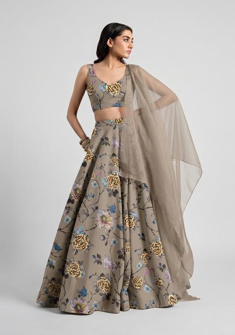 Taupe Printed Crepe Lehenga Set