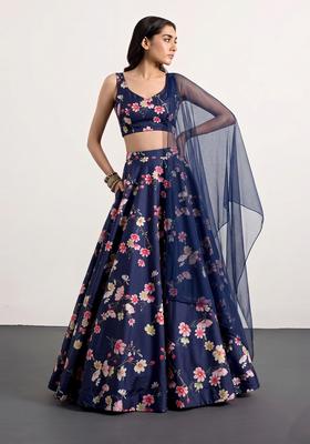Navy Blue Printed Crepe Lehenga Set