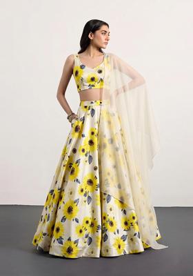 Yellow Printed Crepe Lehenga Set
