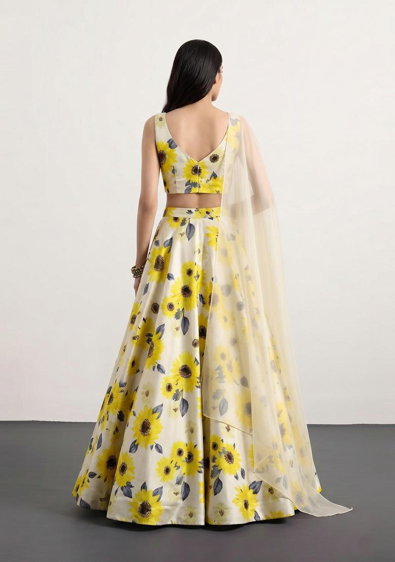 Yellow Printed Crepe Lehenga Set - Indya